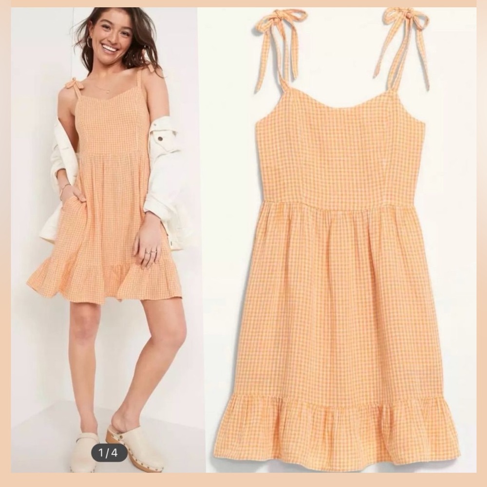 Old Navy Orange Gingham Ruffle Hem Cami Tie Strap Smocked Back Dress Large